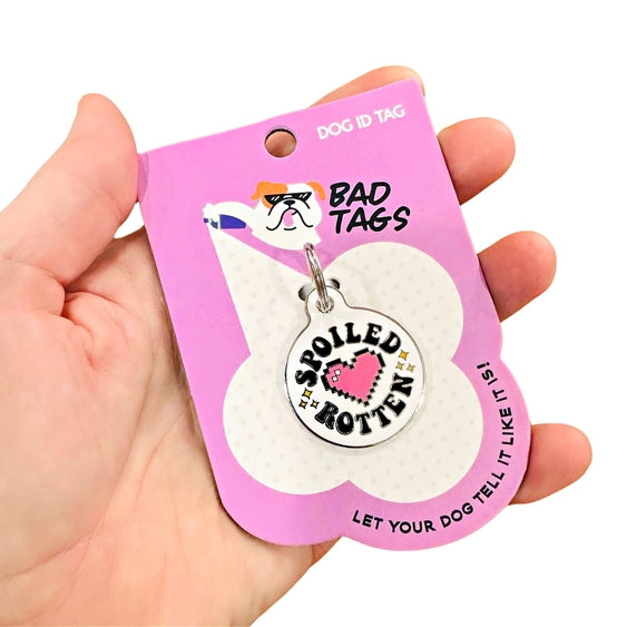Luna Doodle Boutique Spoiled Rotten QR Code Dog Tag with engraved text and QR code, featuring a playful design.