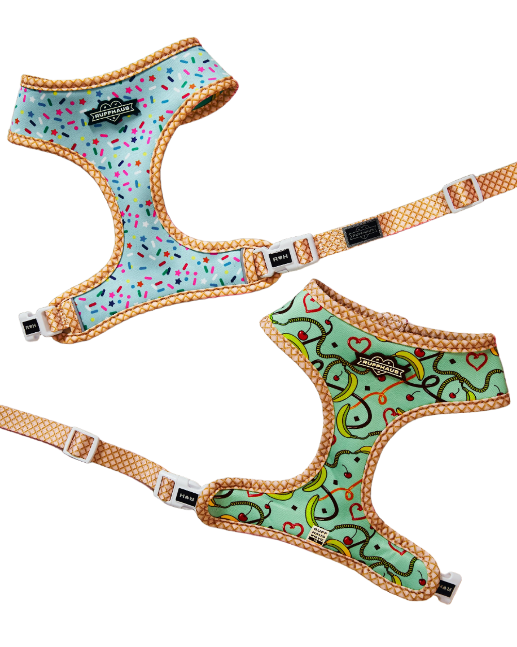 Blue reversible harness by RUFFHAUS NYC featuring adjustable straps and a stylish design for pets.