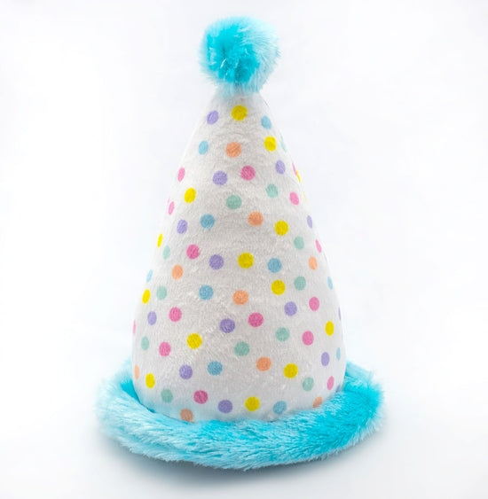 Blue plush birthday hat dog toy from Luna Doodle Boutique featuring soft fabric and playful design for pets.