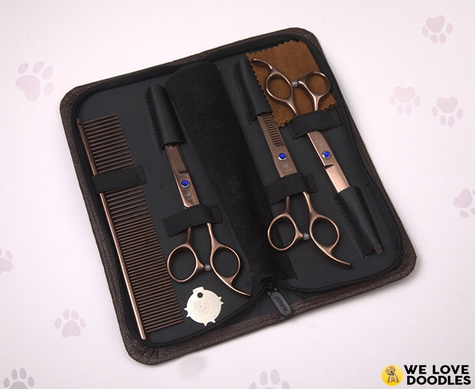 Professional dog grooming scissors kit from Luna Doodle Boutique with stainless steel grooming scissors and accessories.
