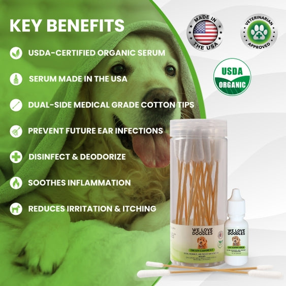 Luna Doodle Boutique Dog Ear Serum Kit with applicator and serum bottles for ear care, displayed on a white background.