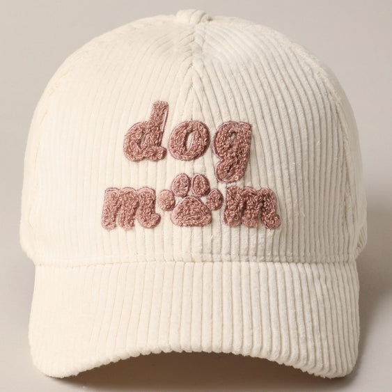 Dog Mom chenille baseball cap by Luna Doodle Boutique featuring a soft, embroidered "Dog Mom" design and adjustable strap.