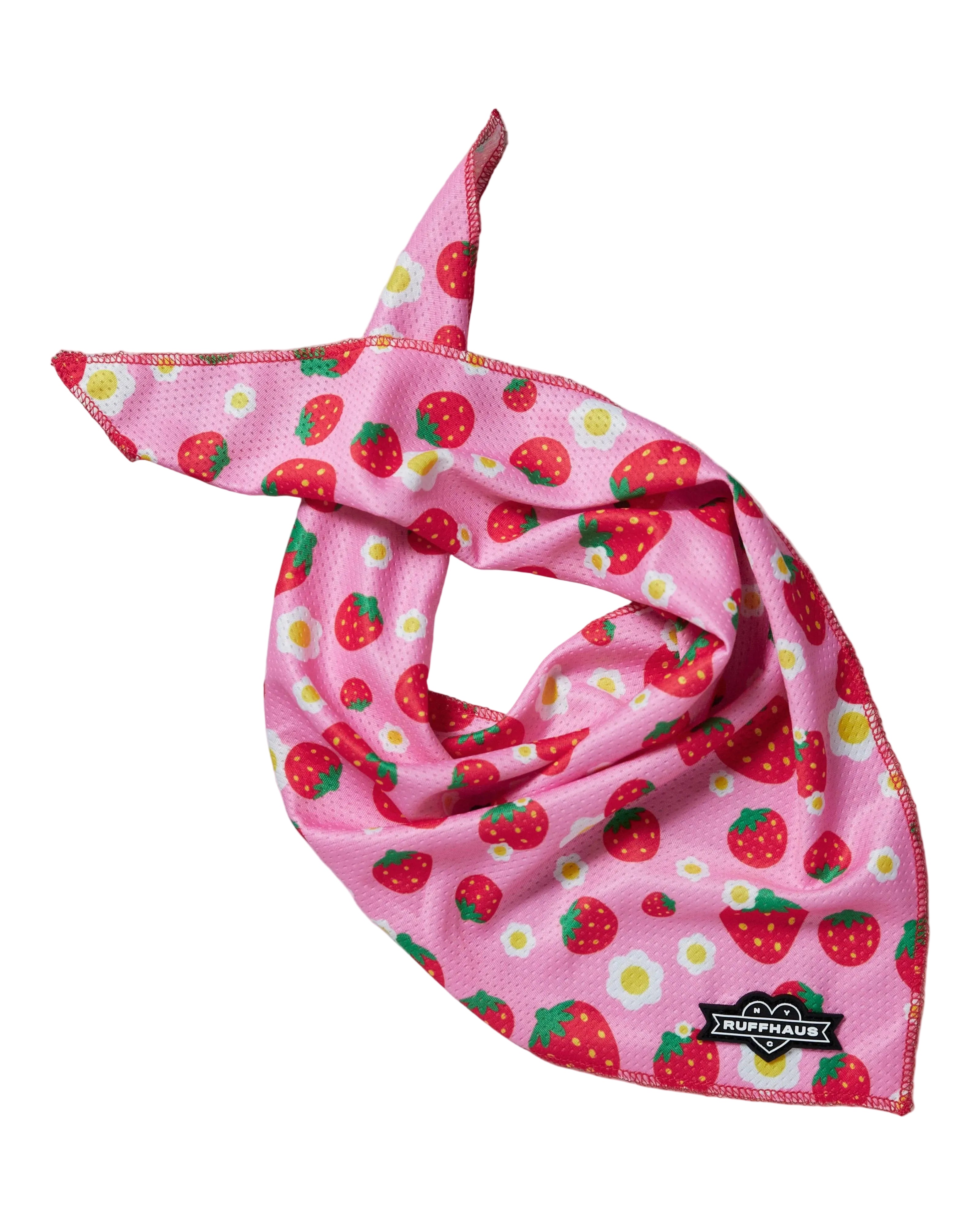 Ruffhaus NYC strawberry cooling bandana featuring a vibrant red and green strawberry print, designed for pets to stay cool.