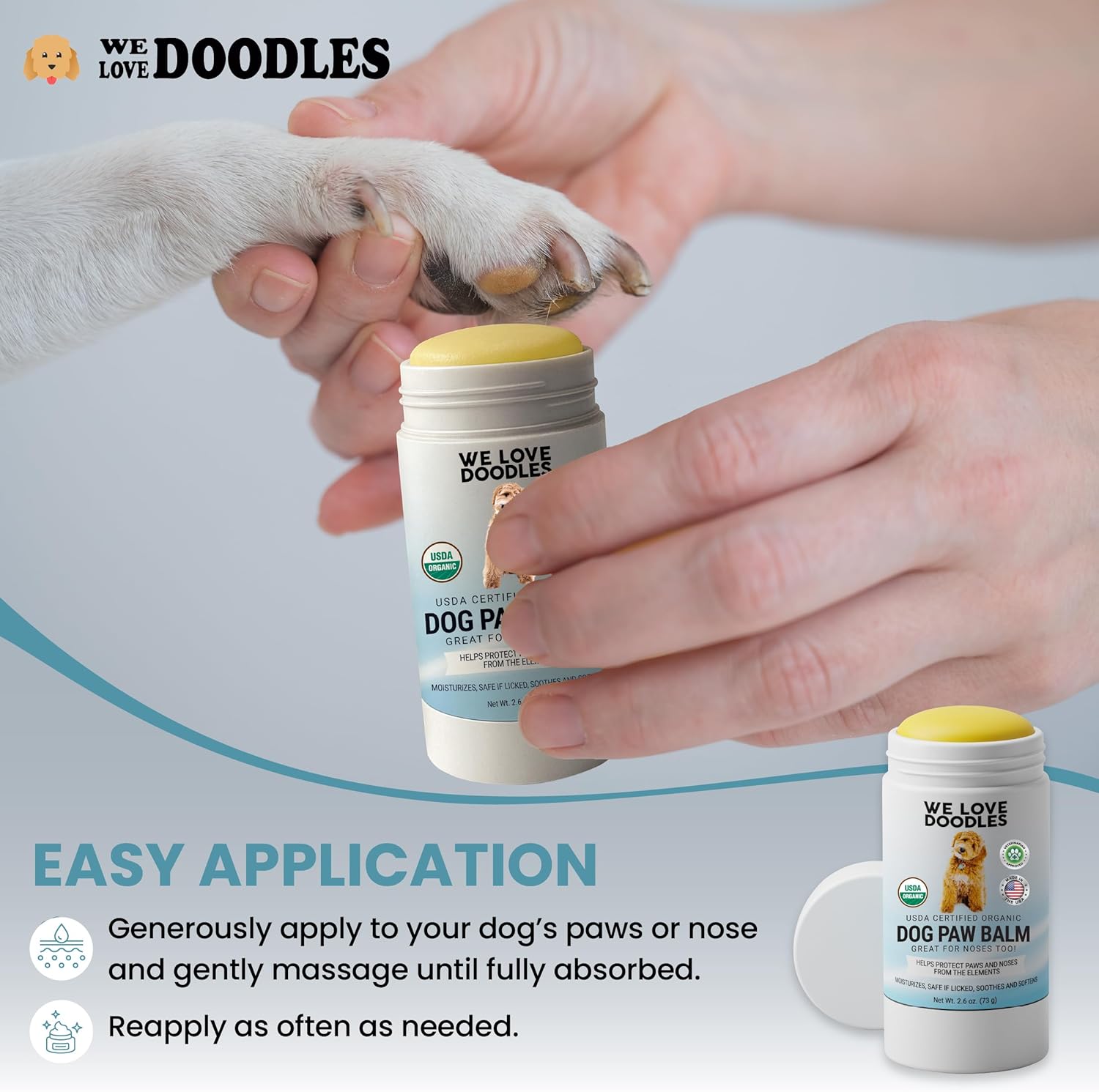 Dog paw balm by We Love Doodles shown in a jar with a natural balm inside, designed to soothe and protect dog paws.