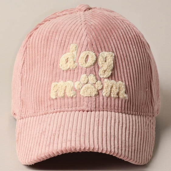 Dog Mom chenille baseball cap by Luna Doodle Boutique with embroidered "Dog Mom" text and adjustable strap, casual outdoor wear.