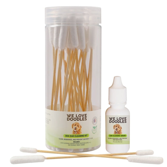 Luna Doodle Boutique dog ear serum kit with bottles and applicator for healthy pet ear care, displayed on a white background.