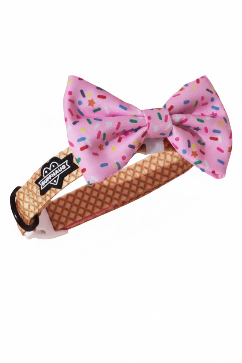 Pink collar and bowtie accessory for dogs from Luna Doodle Boutique featuring a playful sprinkle pattern.