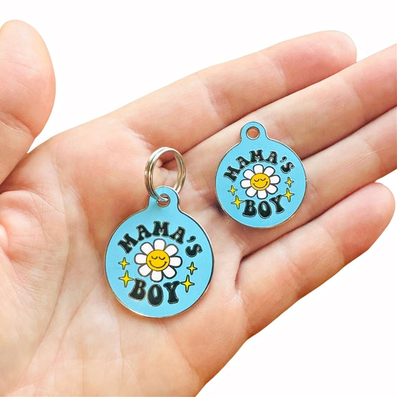 Luna Doodle Boutique Mama's Boy QR Code dog tag with engraved text and a silver finish, attached to a collar.