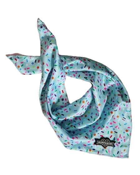 Blue cooling bandana from Luna Doodle Boutique with playful sprinkle design, perfect for keeping pets cool and stylish.