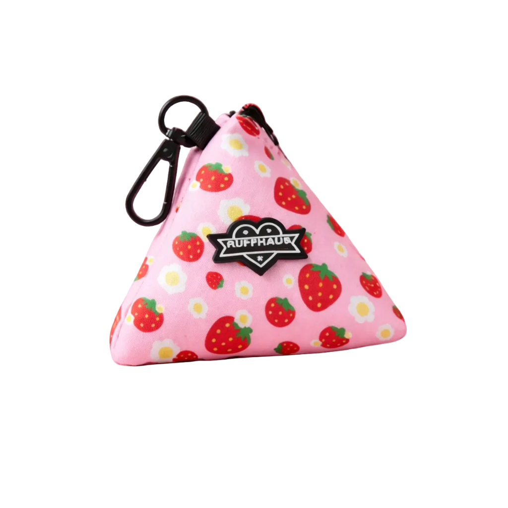 Strawberry waste bag holder by Luna Doodle Boutique featuring a cute strawberry design on a compact, decorative accessory.