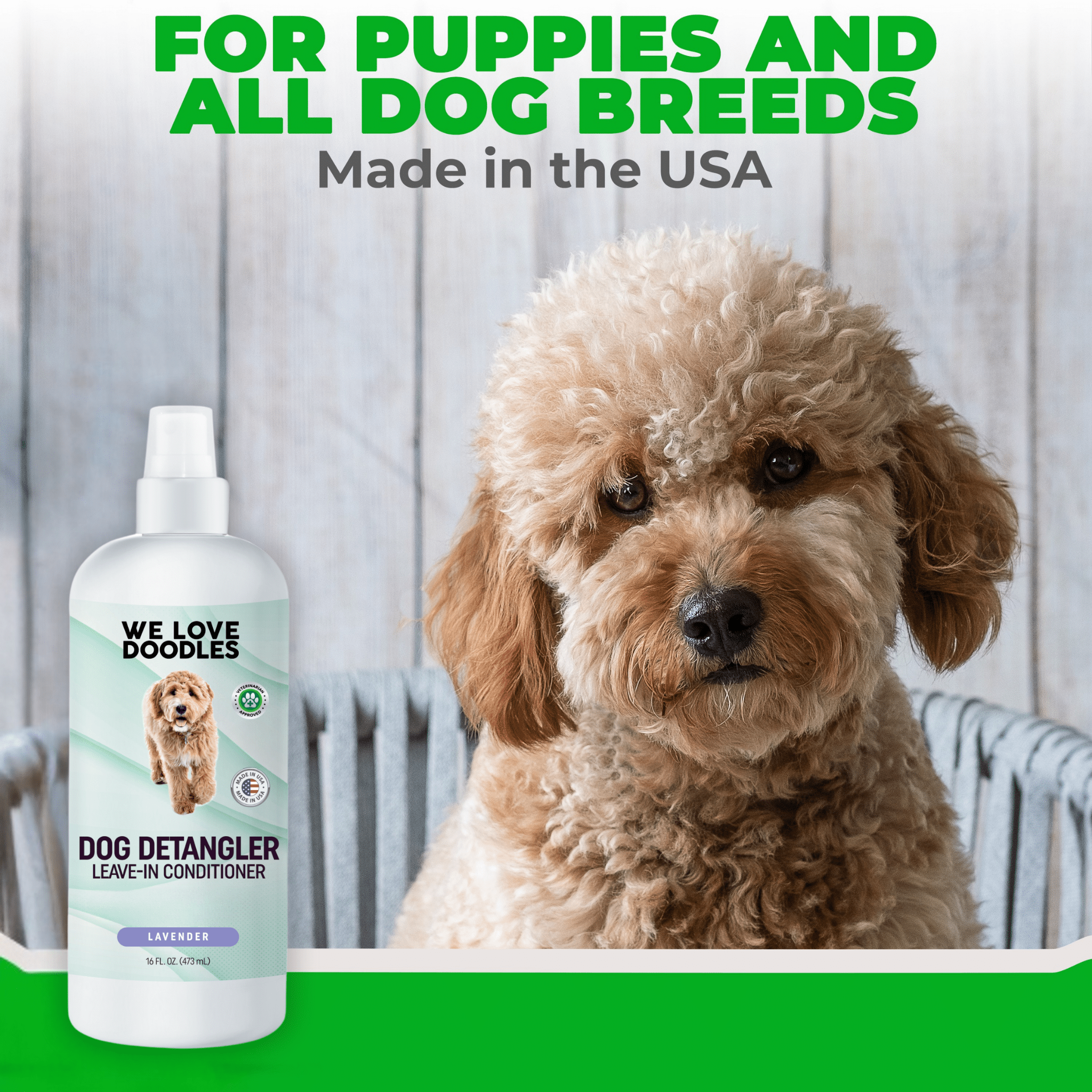 Close-up of We Love Doodles Lavender Dog Detangler Spray bottle for puppies and all breeds, showing the product label.