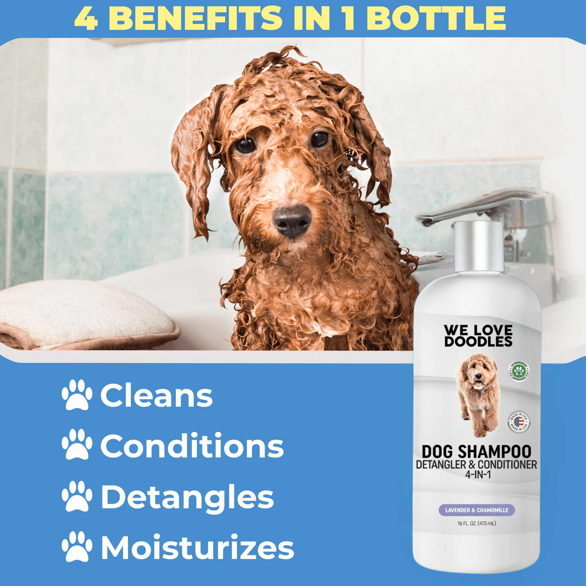 We Love Doodles dog grooming starter pack with shampoo for cleaning, conditioning, softening, and detangling your pet's coat.