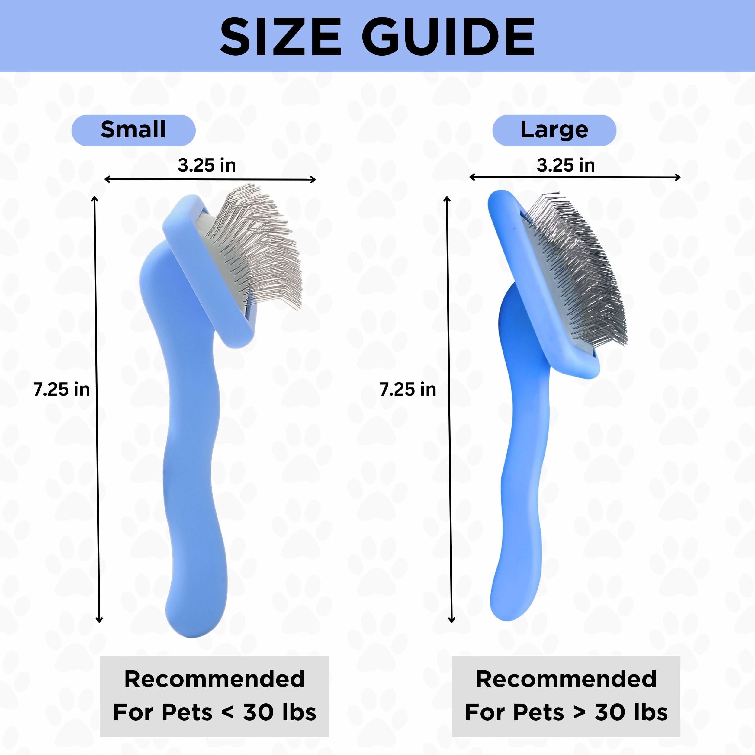 Two We Love Doodles blue slicker brushes for home dog grooming, large and small, with soft, tangle-free coat cleaning tools.