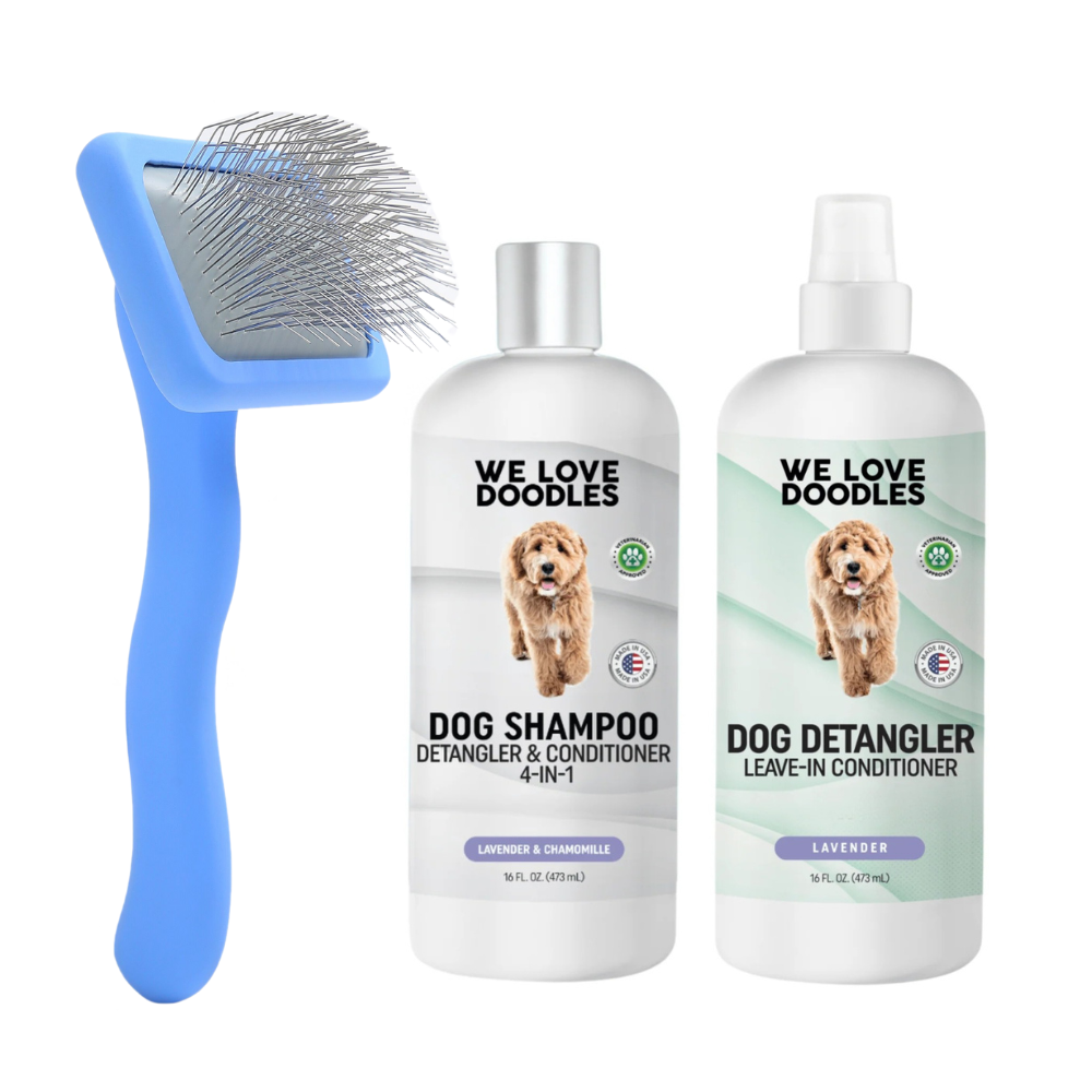 We Love Doodles home dog grooming starter pack with brushes and tools for clean, soft, tangle-free coats for dogs.