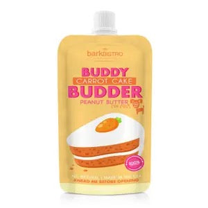Luna Doodle Boutique carrot cake Budder Squeeze Pack showing a colorful, squeezeable treat with carrot cake flavor and playful packaging.