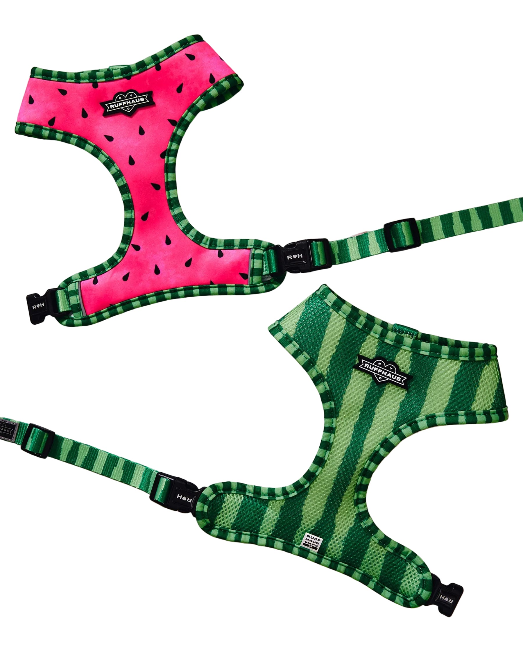 Ruffhaus NYC What-A-Melon reversible harness for pets, showing bright watermelon print on one side and solid color on the other.