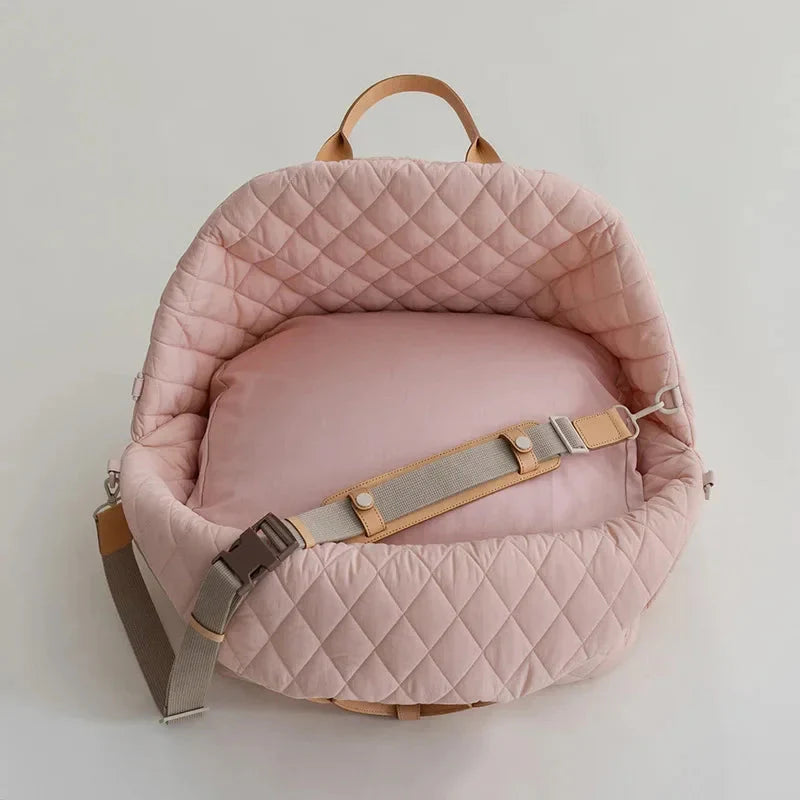 Quilted Verona Luxe Designer Dog Carrier by Fashioned Furbabies, stylish pet tote with padded interior and top handles for easy carrying.