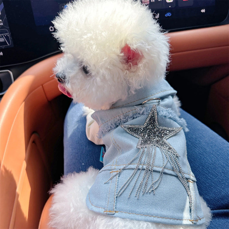 Stylish Fringed Denim Dog Jacket with Star Embroidery