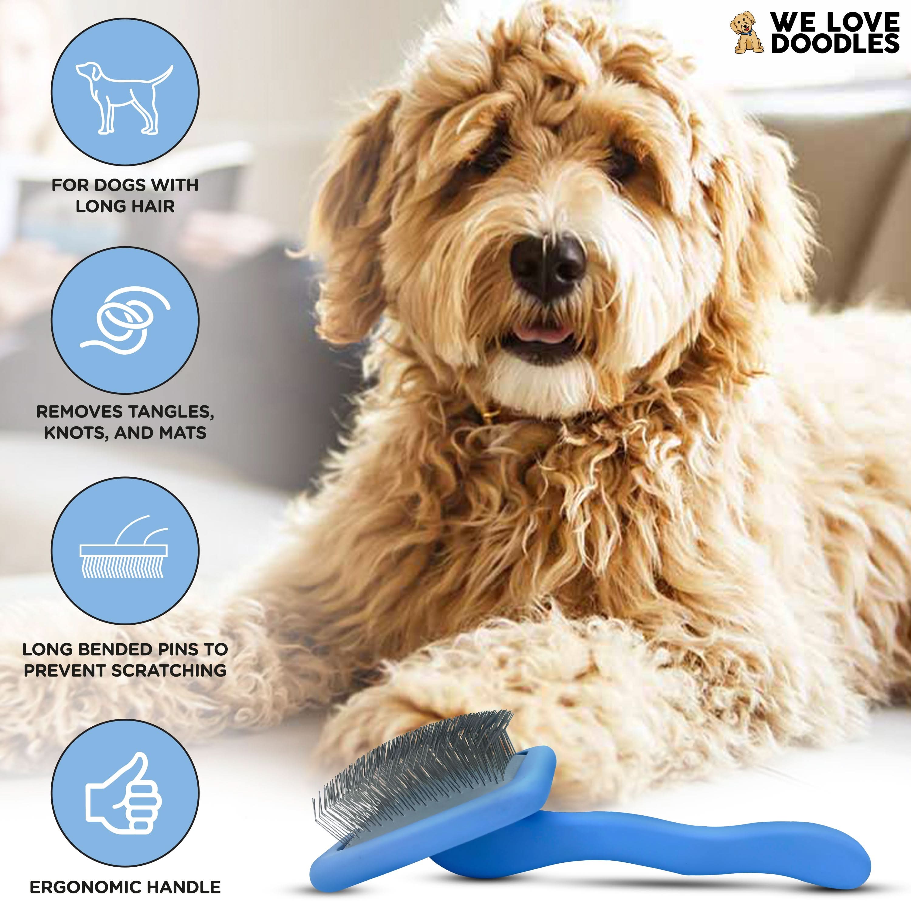 Two large blue slicker brushes for dog grooming from We Love Doodles, ideal for cleaning and detangling soft, tangle-free coats at home.