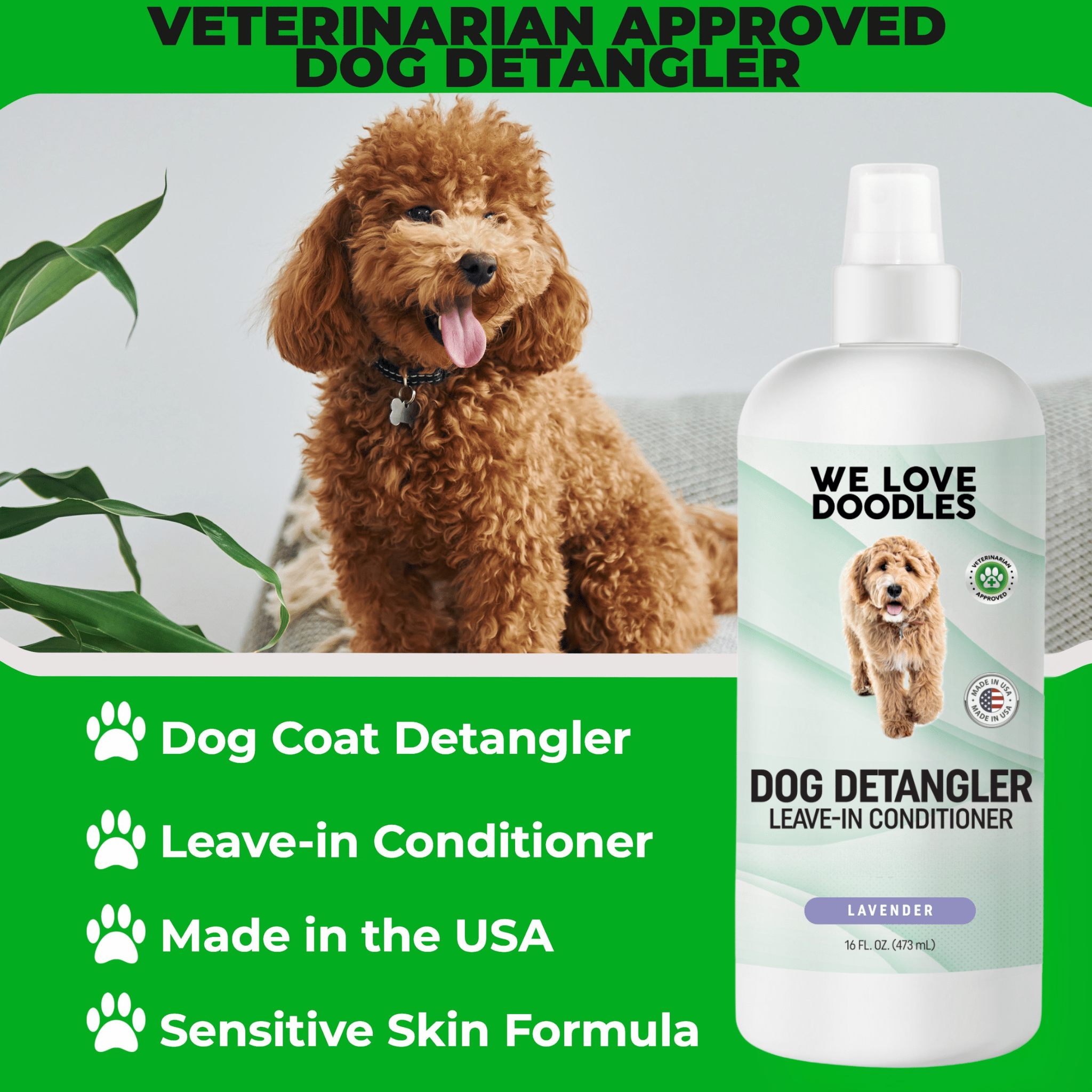 Veterinarian-approved detangler bottle for curly dogs, part of We Love Doodles home grooming starter pack for soft, tangle-free coats