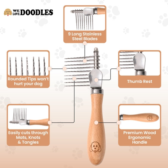 Luna Doodle Boutique dematting rake with ergonomic handle and metal teeth for grooming and detangling pets' fur.