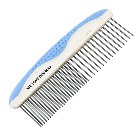 Set of Luna Doodle Boutique premium grooming combs in various sizes, featuring smooth wooden and metal finishes.