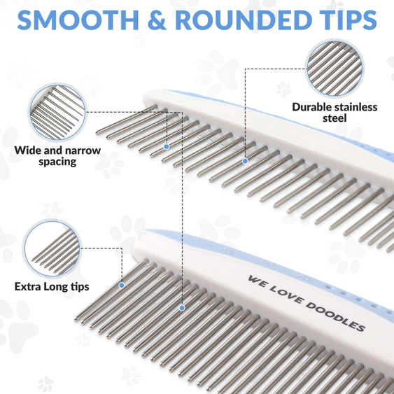 Set of Luna Doodle Boutique premium grooming combs with various sizes for pet and hair grooming, arranged on a white background.