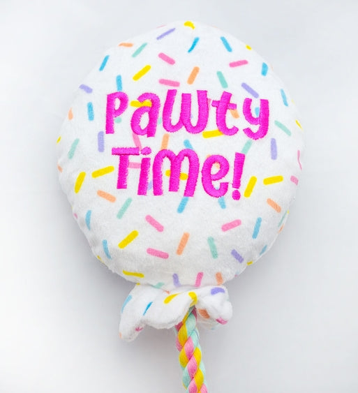 Plush dog toy shaped like a birthday balloon with colorful details, from Luna Doodle Boutique, designed for dogs.