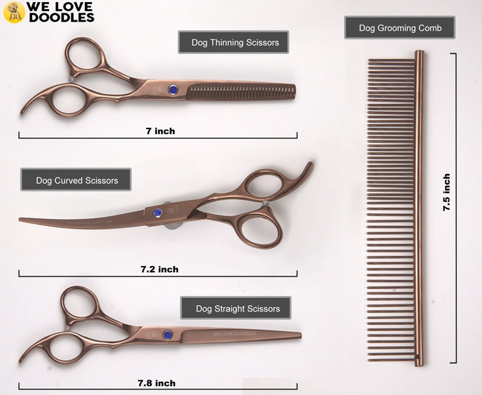 Professional dog grooming scissors kit from Luna Doodle Boutique, featuring sharp scissors and grooming tools for pets.