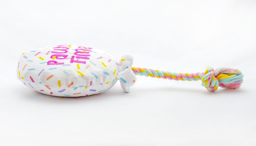 Luna Doodle Boutique birthday balloon plush dog toy with colorful fabric and playful design for pets.