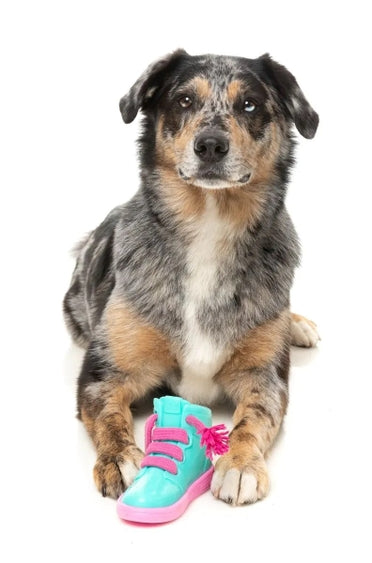 Luna Doodle Boutique Kicks N Licks dog chew toy with colorful rubber design for playful chewing and dental health.