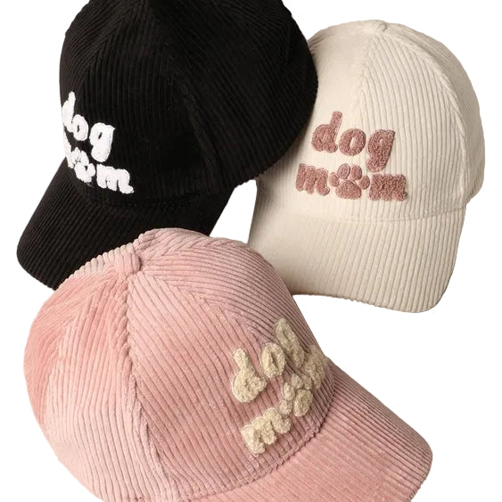 Dog Mom chenille baseball cap by Luna Doodle Boutique featuring a soft, embroidered "Dog Mom" design and adjustable fit.