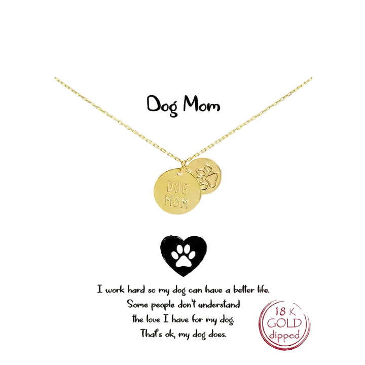 Gold tone dog mom charm necklace featuring a cute dog silhouette pendant, stylish jewelry for dog lovers.
