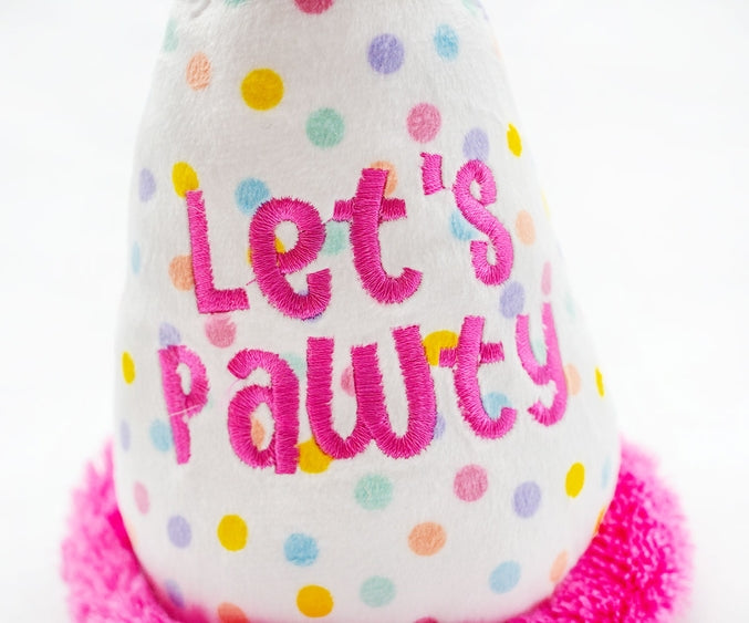 Pink plush birthday hat dog toy by Luna Doodle Boutique, soft and festive accessory for small dogs or puppies.