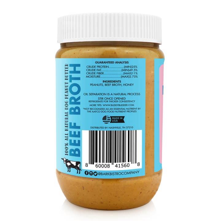 Luna Doodle Boutique Beef Broth Buddy Budder jar with colorful label and lid, displayed on a wooden surface.