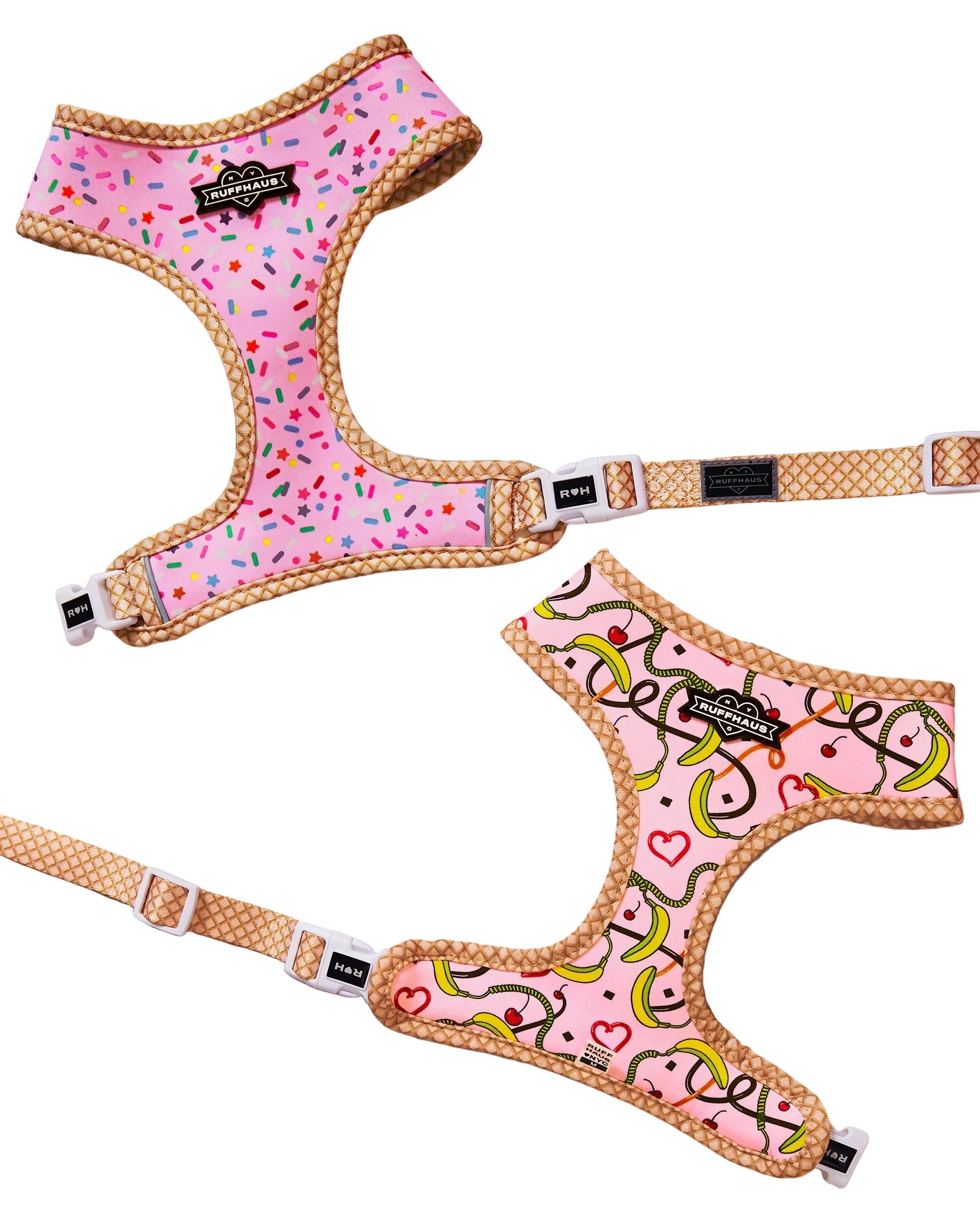 Reversible pink harness for dogs by RUFFHAUS NYC, featuring adjustable straps and a stylish, colorful design.