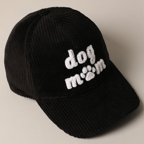Dog Mom Chenille Baseball Cap by Luna Doodle Boutique featuring a soft, pink chenille fabric and embroidered "Dog Mom" text.