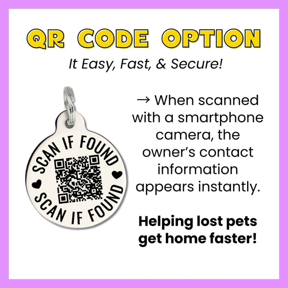Invader Personal Space QR Code Dog Tag from Luna Doodle Boutique showing a silver dog tag with QR code and design engraving.