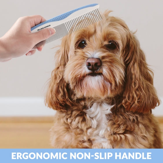 Set of Luna Doodle Boutique premium grooming combs with various sizes and teeth for dog and pet grooming, arranged on a white background.
