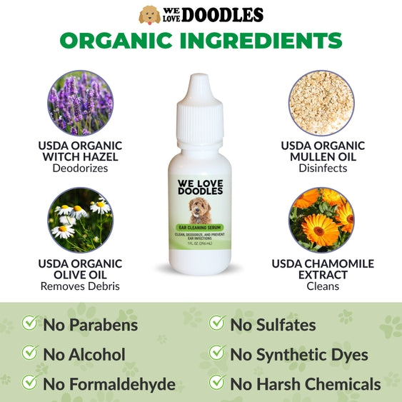 Dog ear serum kit by Luna Doodle Boutique with bottles and applicator for gentle ear care.