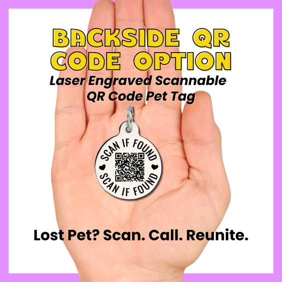 Mama's Boy QR Code dog tag by Luna Doodle Boutique showing a sleek metal tag with QR code and engraved text for pets.
