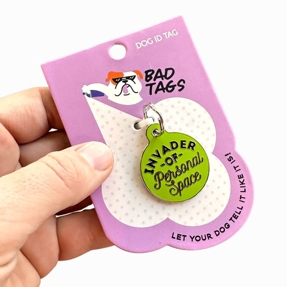 Invader Personal Space QR Code Dog Tag by Luna Doodle Boutique featuring a sleek metal tag with embedded QR code for pet identification