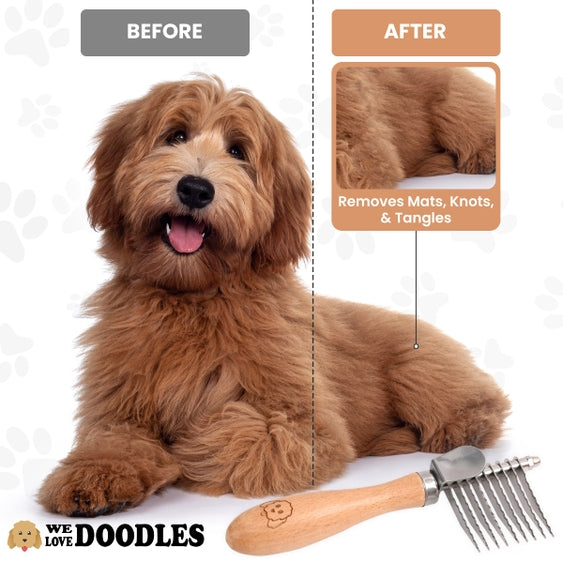 Luna Doodle Boutique dematting rake with ergonomic handle and stainless steel teeth for gentle pet coat detangling and grooming.