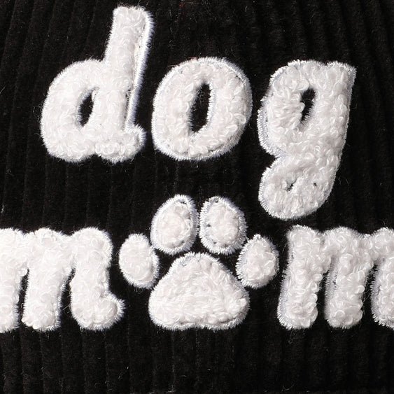 Dog Mom chenille baseball cap by Luna Doodle Boutique with embroidered dog mom text and soft pink and white colors.