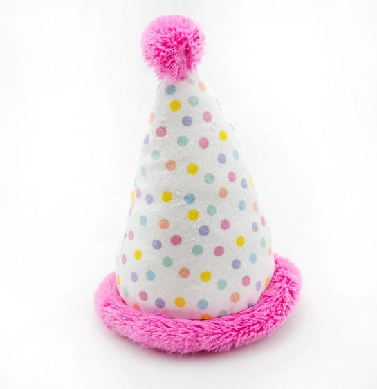 Pink plush birthday hat dog toy by Luna Doodle Boutique with soft, festive design for pets.