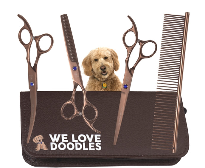 Professional dog grooming scissors kit by Luna Doodle Boutique, featuring sharp stainless steel grooming scissors and accessories.