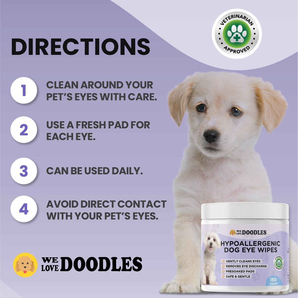 We Love Doodles dog eye wipes with soft cloth and gentle solution for cleaning and refreshing a dog's eyes.