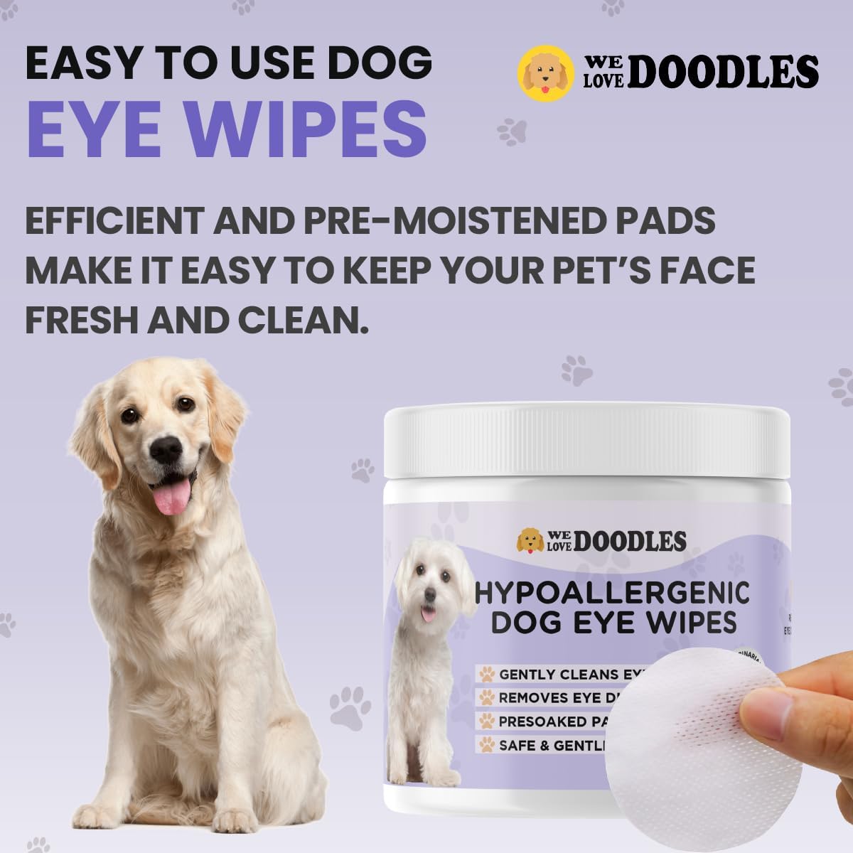 We Love Doodles dog eye wipes showing gentle wipes with a white cloth and packaging for cleaning a dog's eyes.