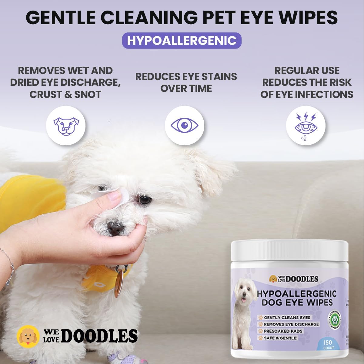 Dog eye wipes from We Love Doodles, showing soft cloths with gentle cleaning solution for pet eye care.