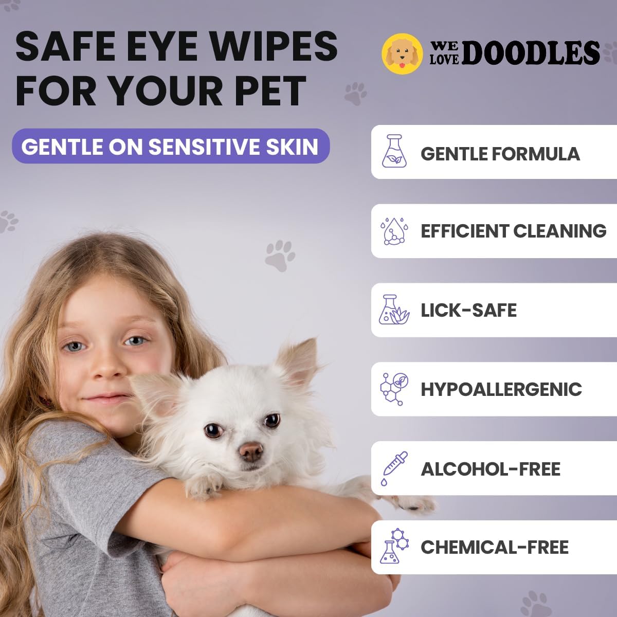 We Love Doodles dog eye wipes with gentle formula, showing a pack of wipes and a dog’s eye area in the image.